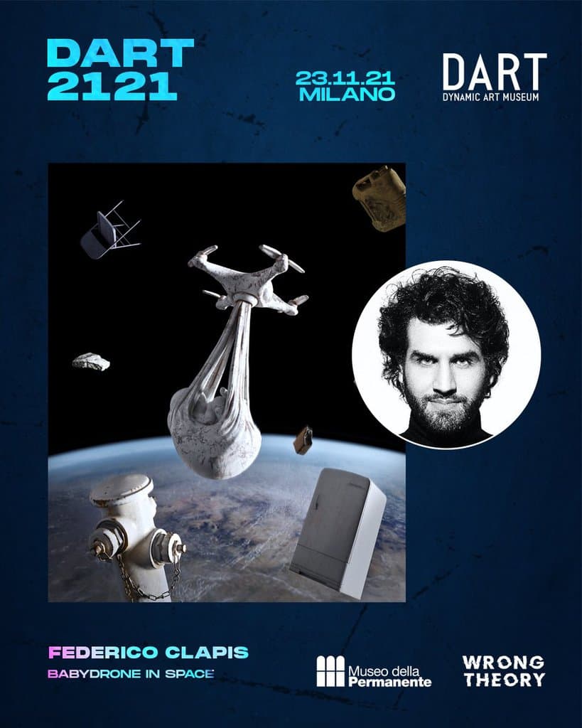 Announcement card for Federico Clapis' Babydrone in Space at DART 2121, Museo della Permanente in Milan: a drone carrying a bundle above Earth