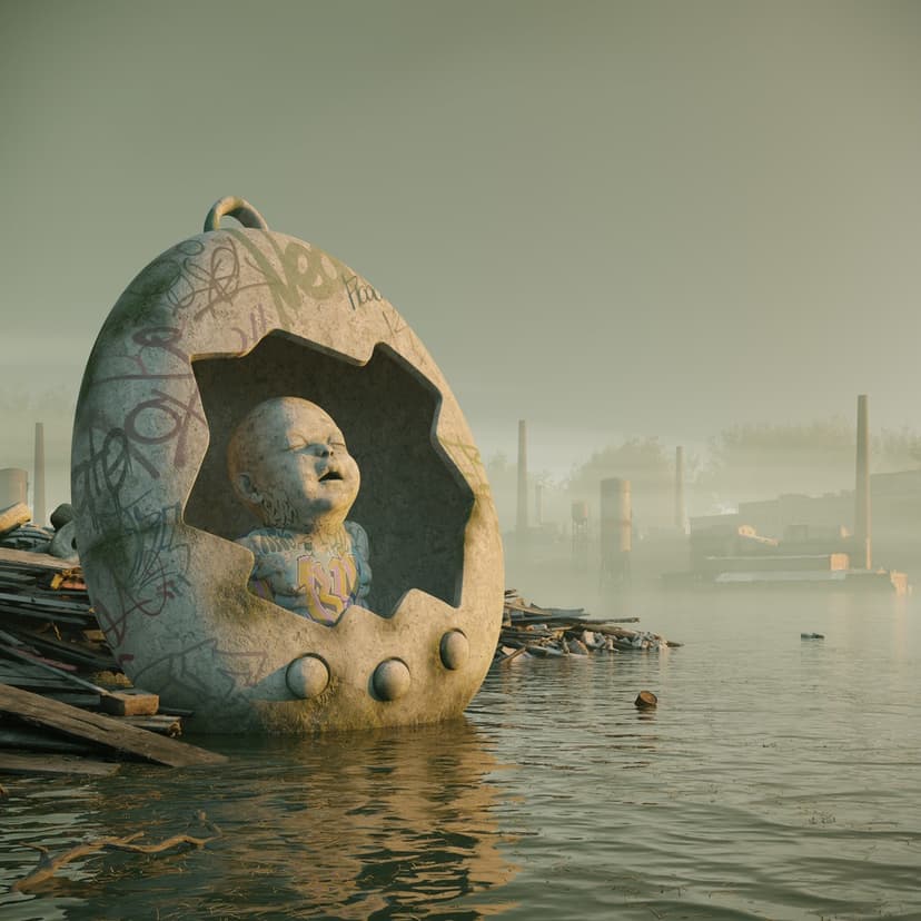 Digital Growth – Flooded by Federico Clapis: a laughing baby in a graffiti-covered cracked egg capsule floats in misty industrial waters