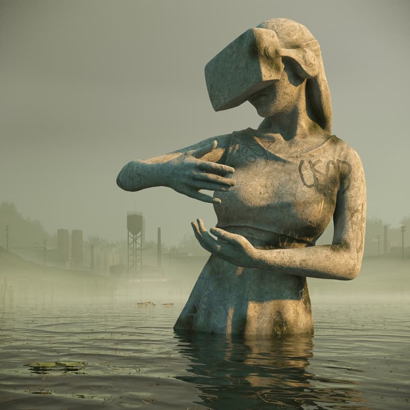 Grieving Conceptions – Flooded by Federico Clapis: digital render of a weathered stone woman in a VR headset half-submerged in misty water