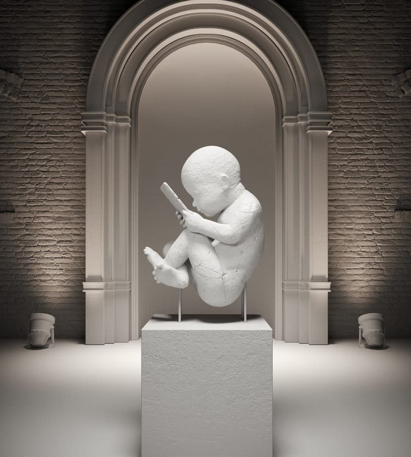 Monochrome Baby Connection by Federico Clapis: digital render of a white cracked fetus holding a phone on a plinth under a stone arch