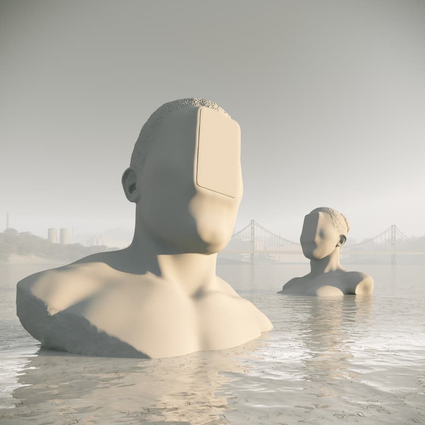 Monochrome New Race by Federico Clapis: render of two pale busts with screen-like faces half submerged in water, a bridge behind