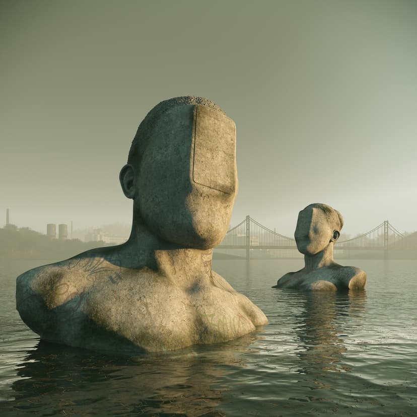 New Race – Flooded by Federico Clapis: digital render of two weathered stone busts with screen-like faces half-submerged in a misty river